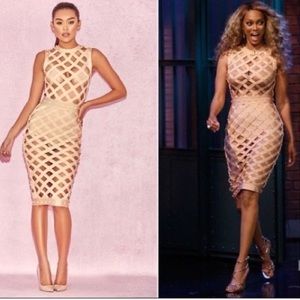 House of CB Felina Nude Cage Midi Bodycon Dress in Beige - size XS